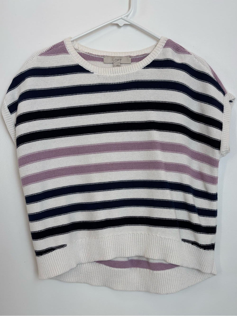 LOFT Navy Purple Stripe Cap Sleeve White Knit Top Women Small